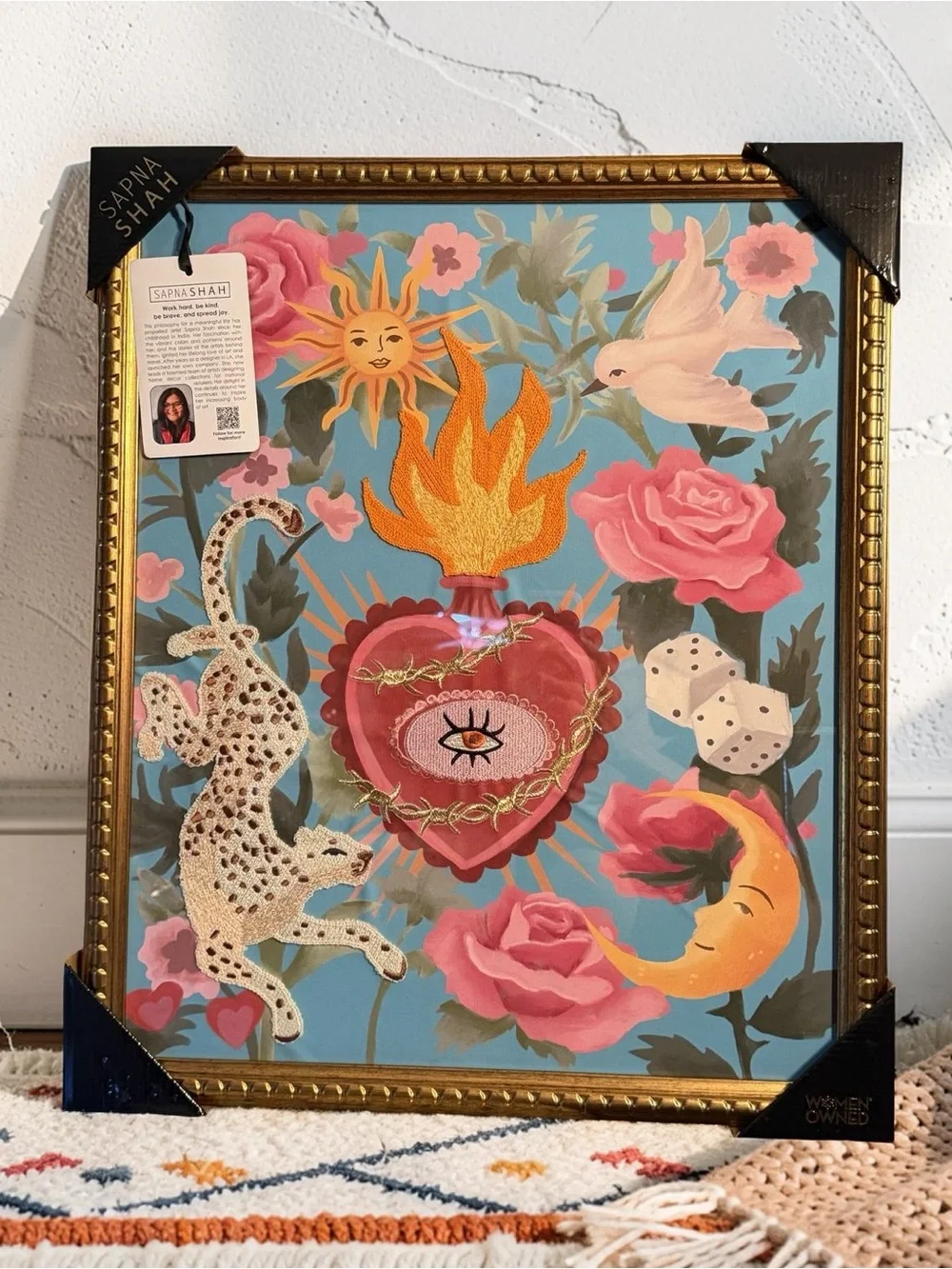 SAPNA SHAH NWT Blue Floral Sacred Heart Leopard Embroidered Wall Art 24” x 20”.
